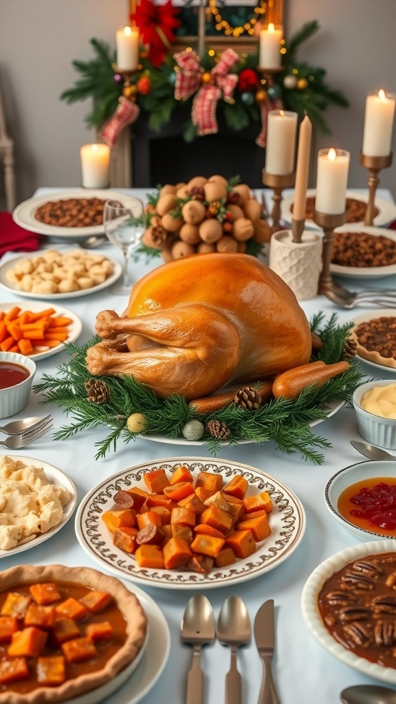 Festive Christmas Dinner Menu A festive Christmas dinner table with roasted turkey, side dishes, and holiday decorations.